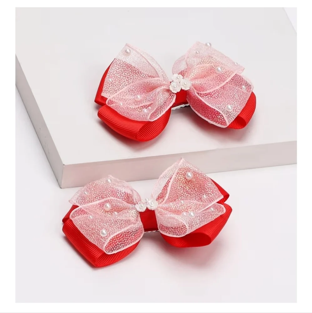 Red and Pink Hair Bows with Pearls